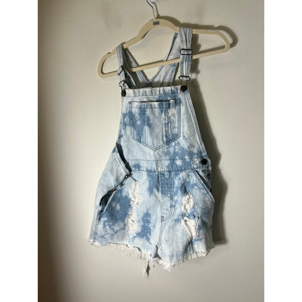 Distressed Blue Jean Bleached Tye-Dye Overall Shorts